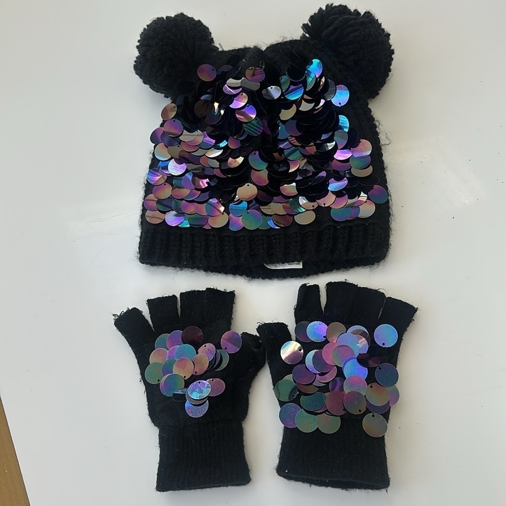 Claires Sequin Beanie and Fingerless Gloves Set